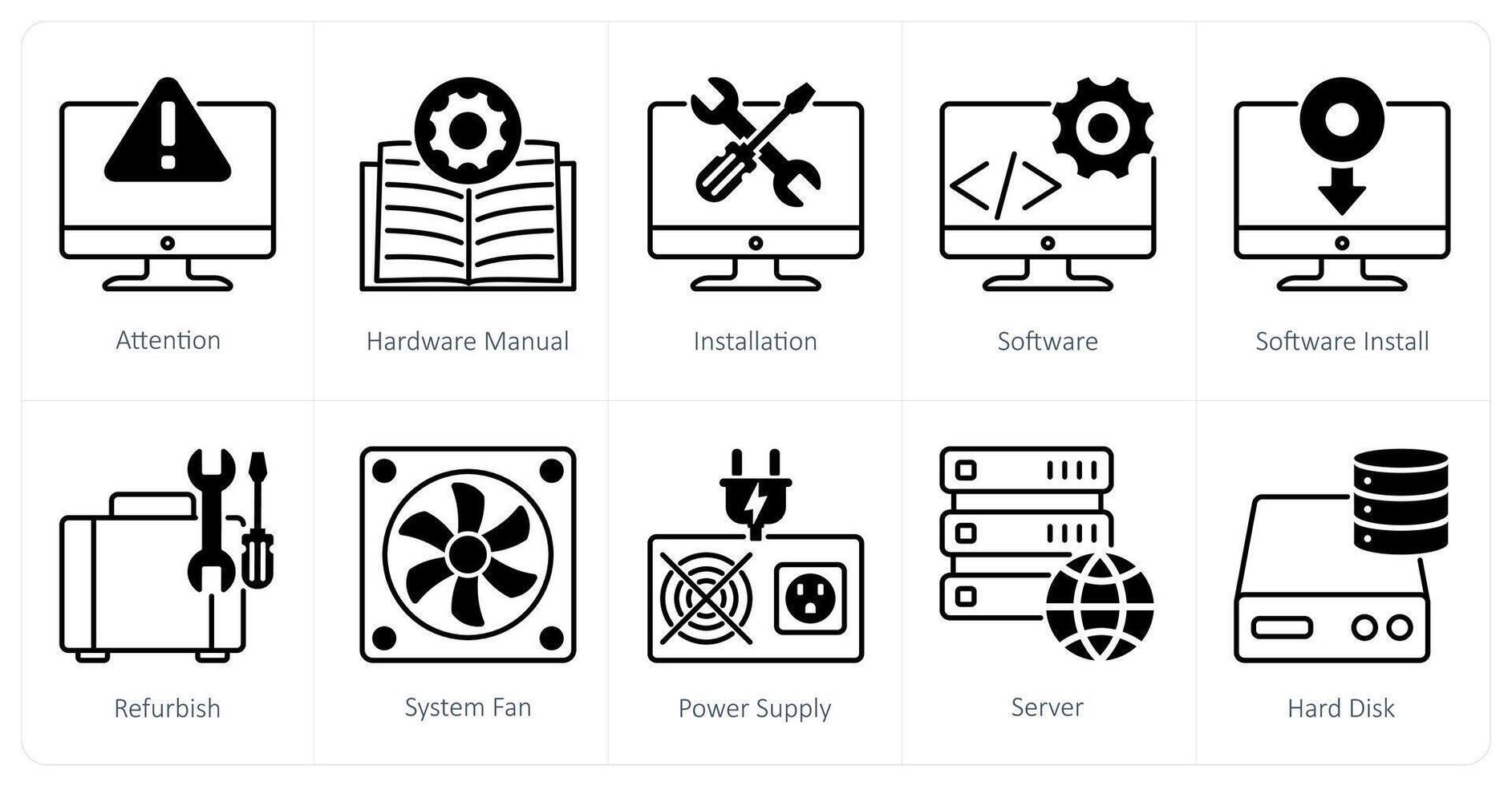 A set of 10 Computer Parts icons as attention, hardware manual, installation vector