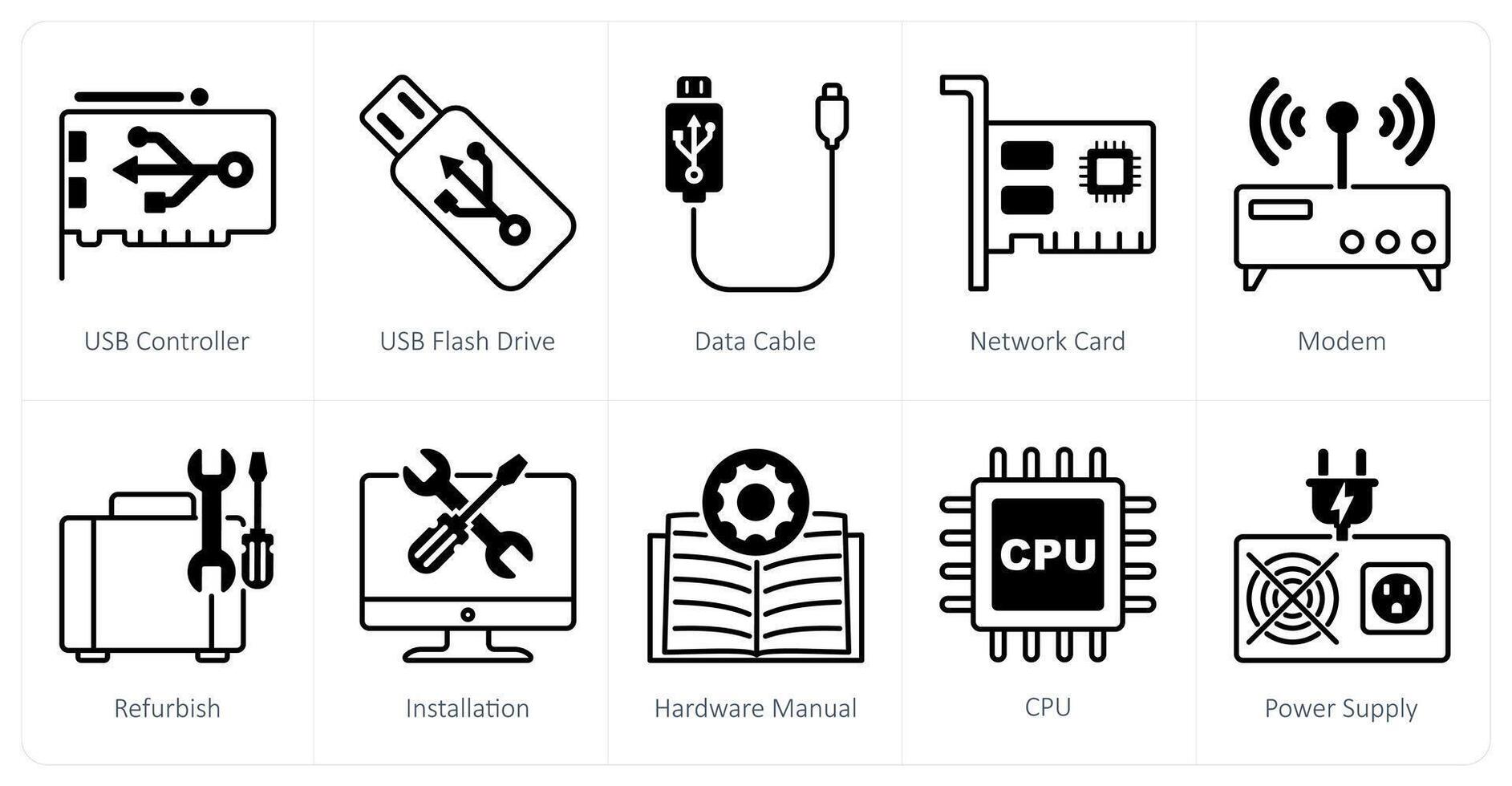 A set of 10 Computer Parts icons as usb controller, usb flash drive, data cable vector