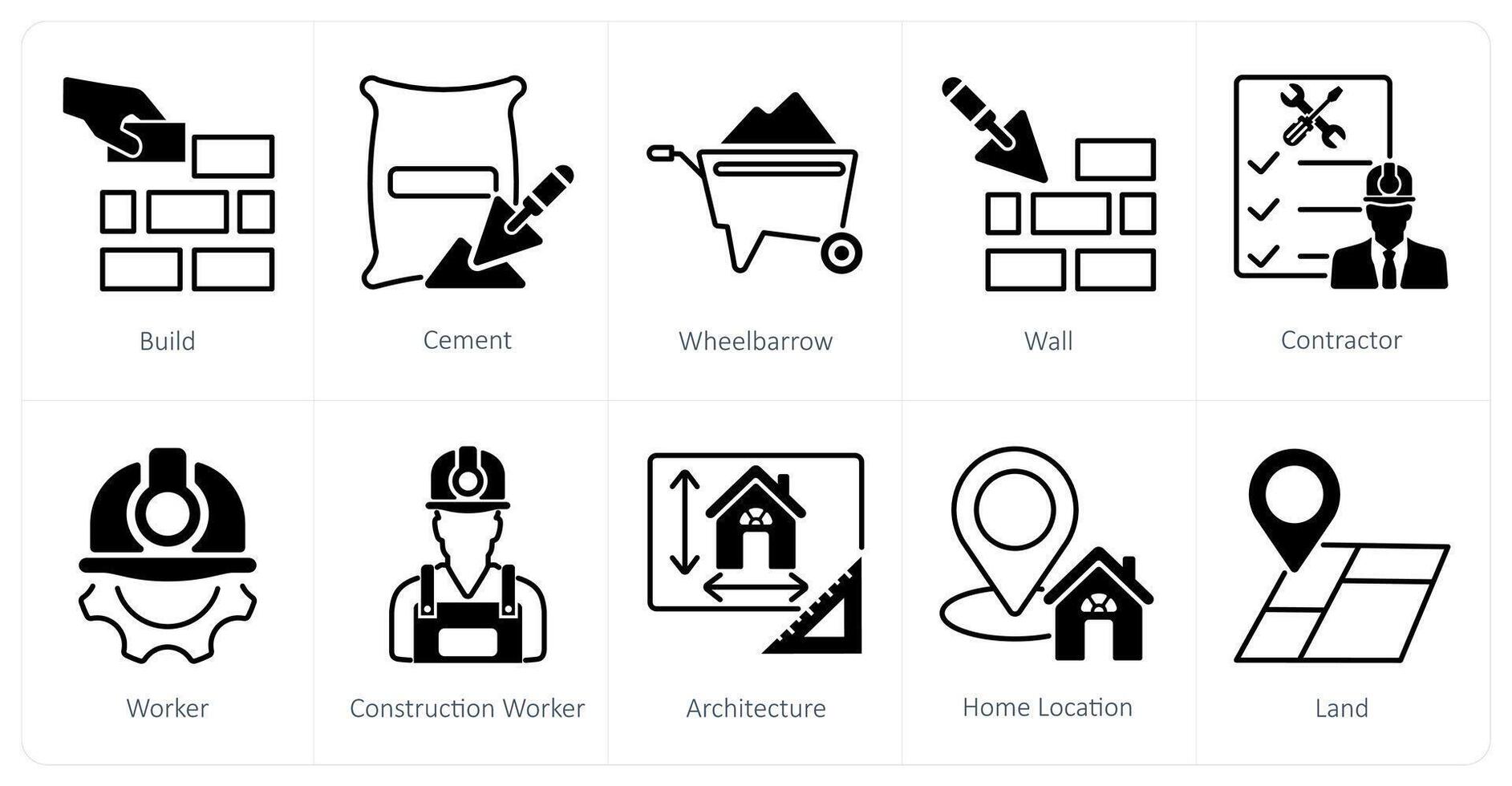 A set of 10 Construction icons as build, cement, wheel barrow vector