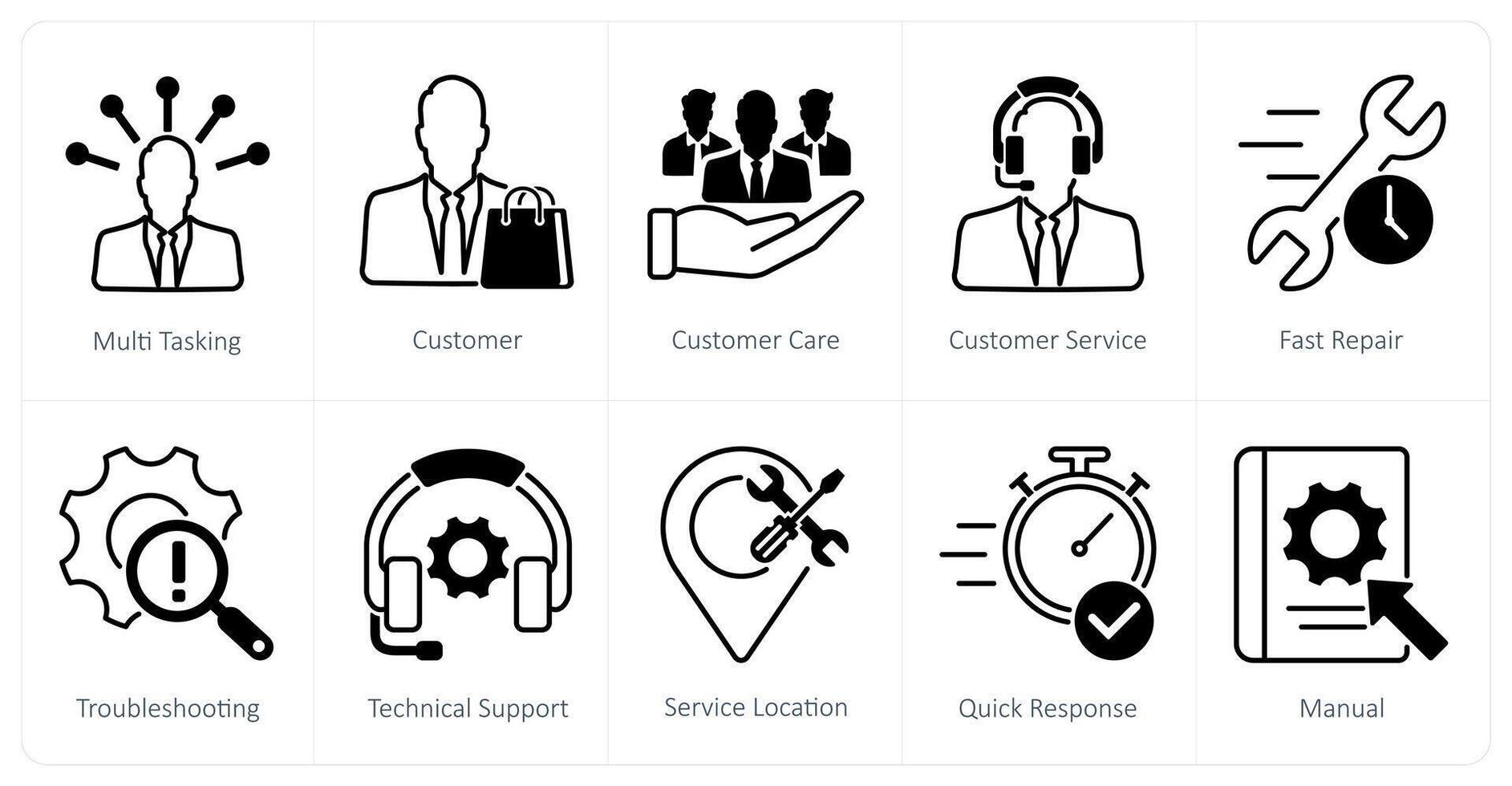 A set of 10 Customer Service icons as multi tasking, customer, customer care, customer service vector
