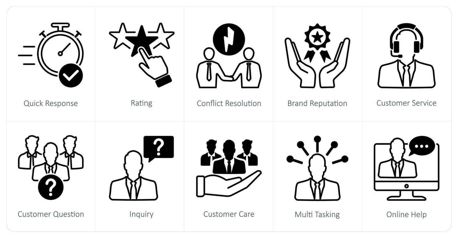 A set of 10 Customer Service icons as quick response, rating, conflict resolution vector