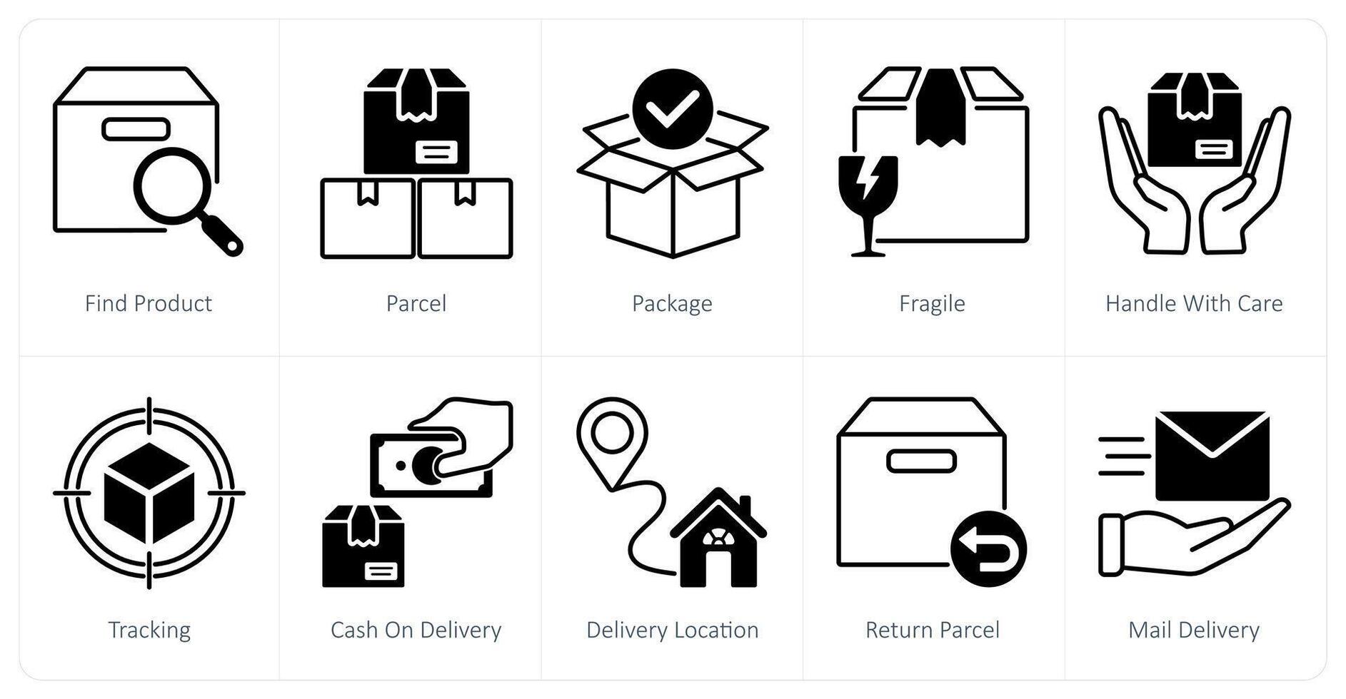 A set of 10 Delivery icons as find product, parcel, package vector