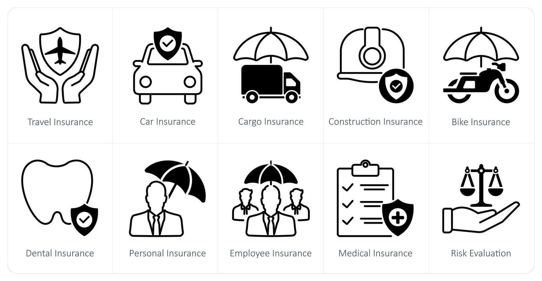 A set of 10 Insurance icons as travel insurance, car insurance, cargo insurance vector