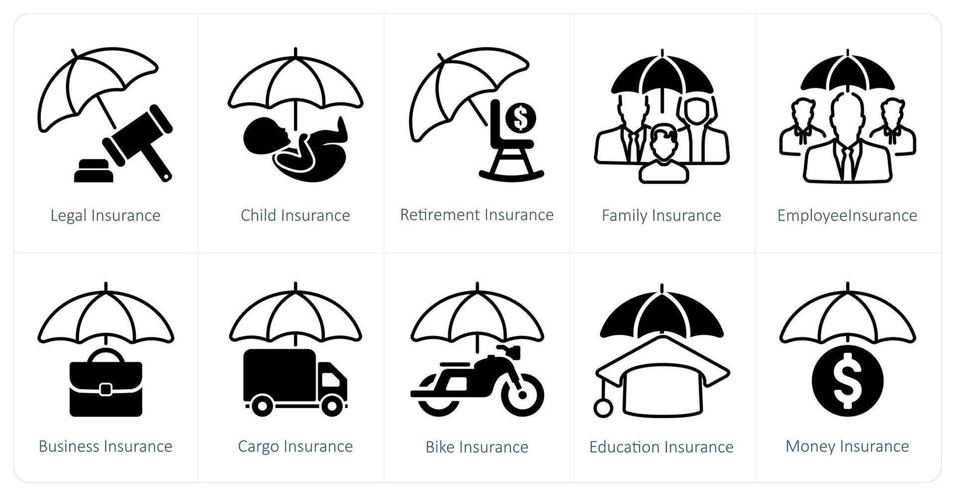 A set of 10 Insurance icons as legal insurance, child insurance, retirement insurance vector