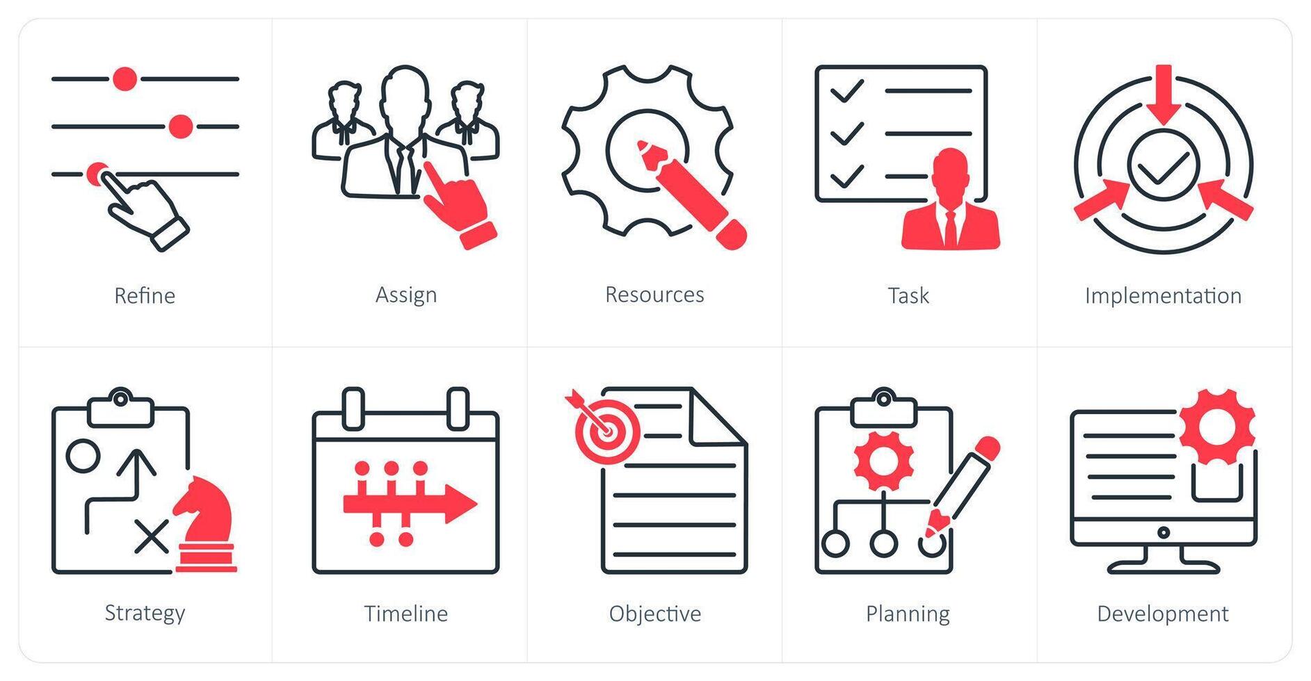 A set of 10 Action Plan icons as refine, assign, resources vector