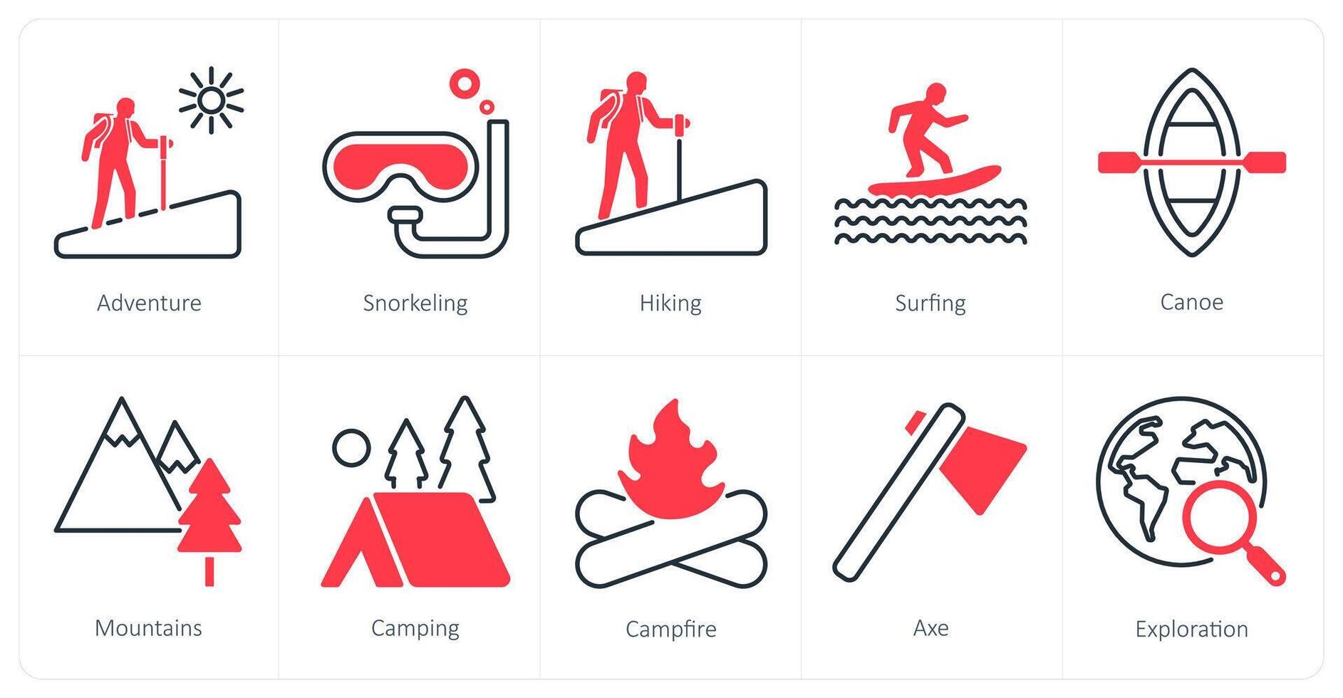 A set of 10 Adventure icons as adventure, snorkeling, hiking vector