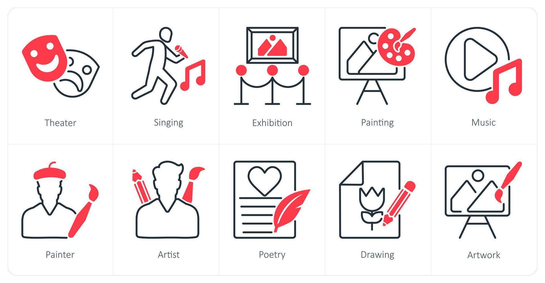 A set of 10 art icons as theater, singing, exhibition vector