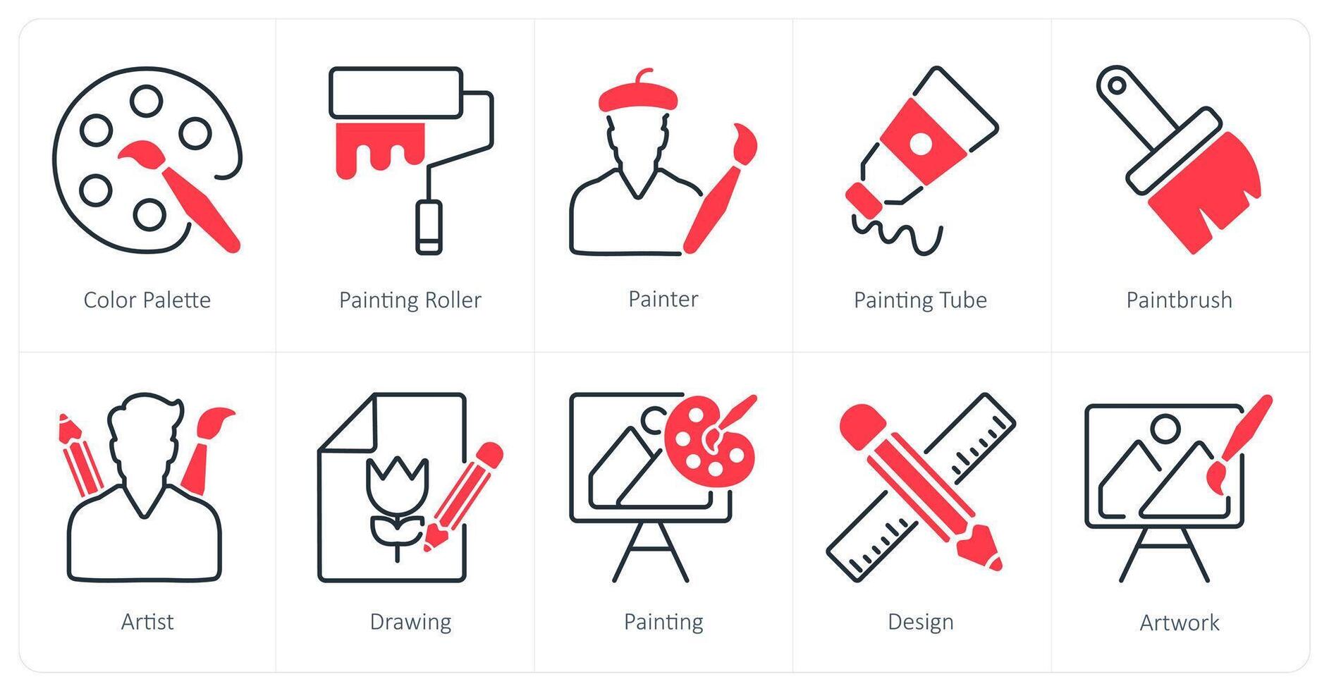 A set of 10 art icons as color palette, painting roller, painter vector
