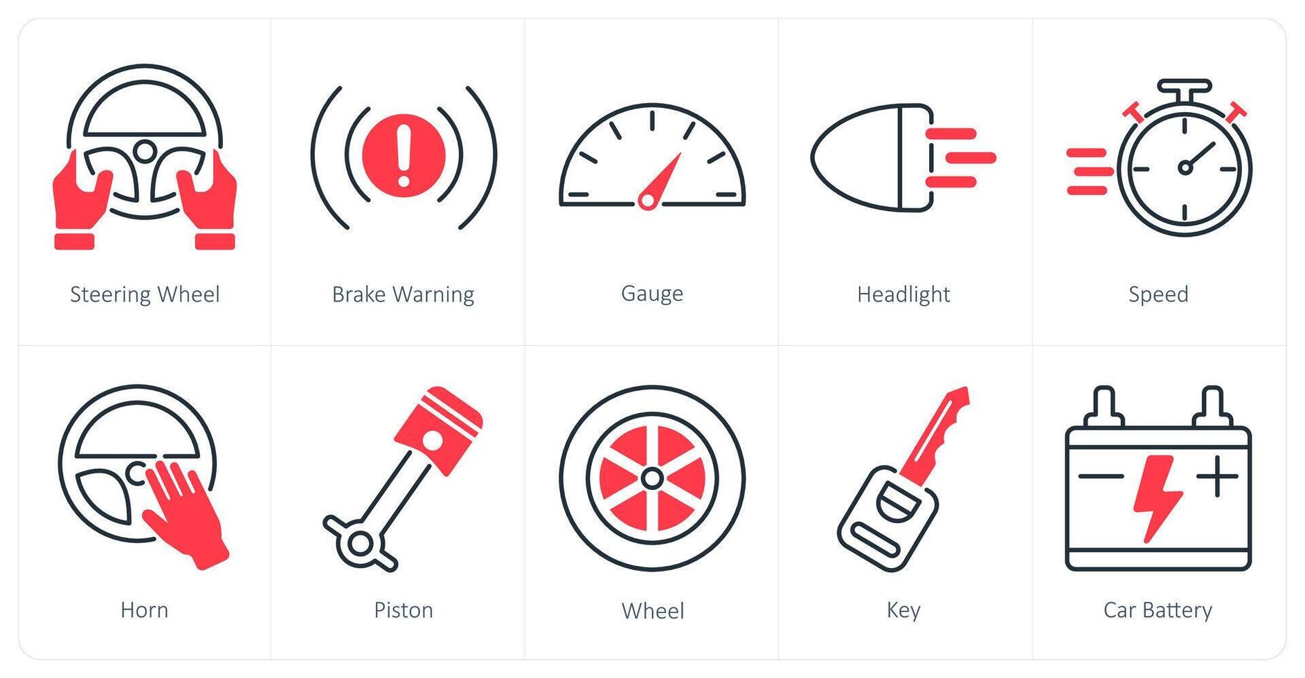 A set of 10 Car icons as steering wheel, brake warning, gauge vector