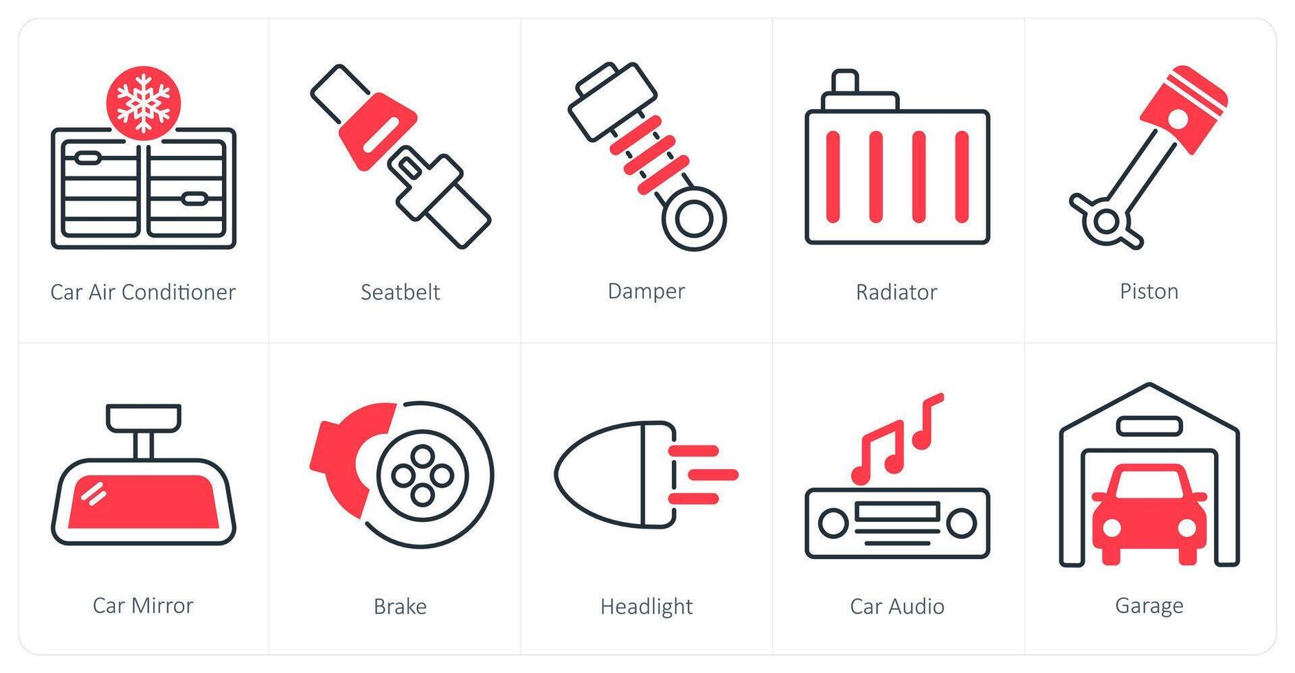 A set of 10 Car icons as car air conditioner, seatbelt, damper vector