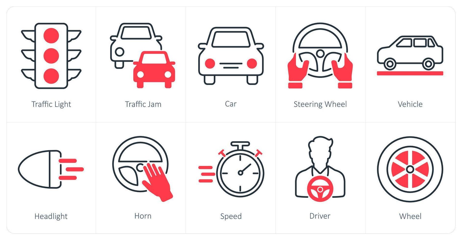 A set of 10 Car icons as traffic light, traffic jam, car vector