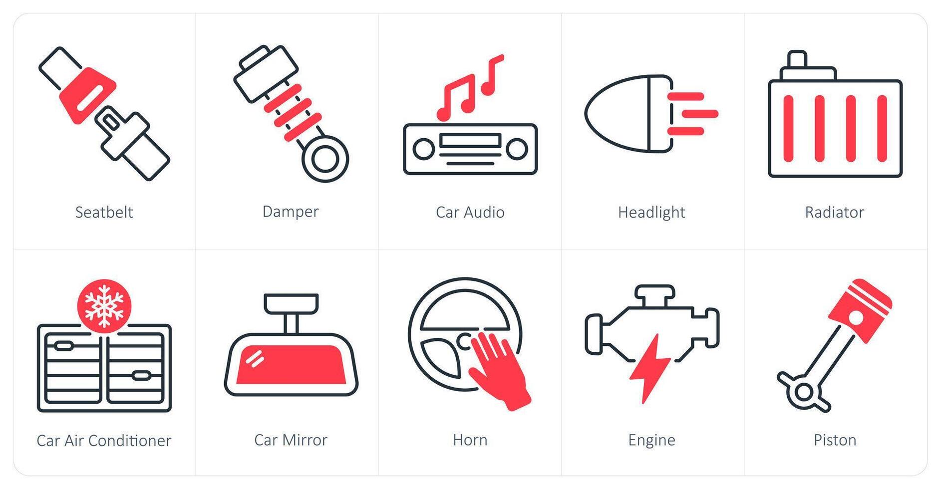 A set of 10 Car icons as seat belt, damper, car audio vector