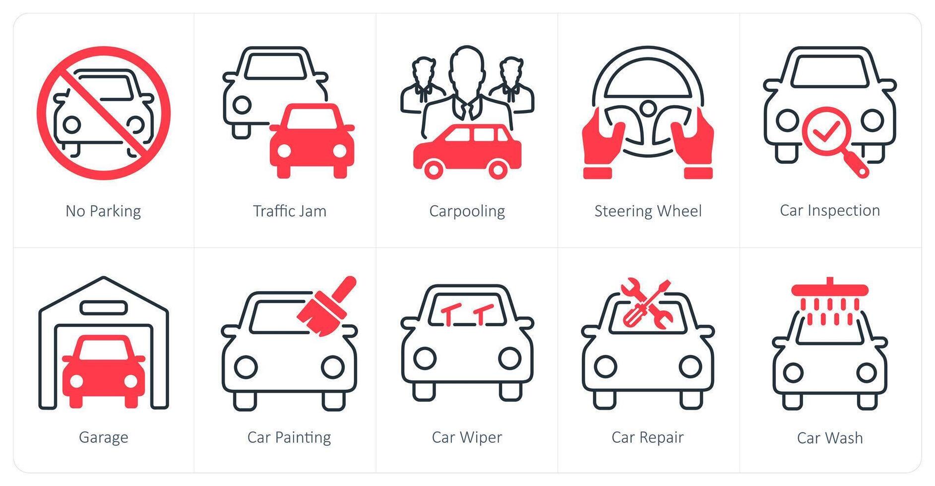 A set of 10 Car icons as no parking, traffic jam, carpooling vector