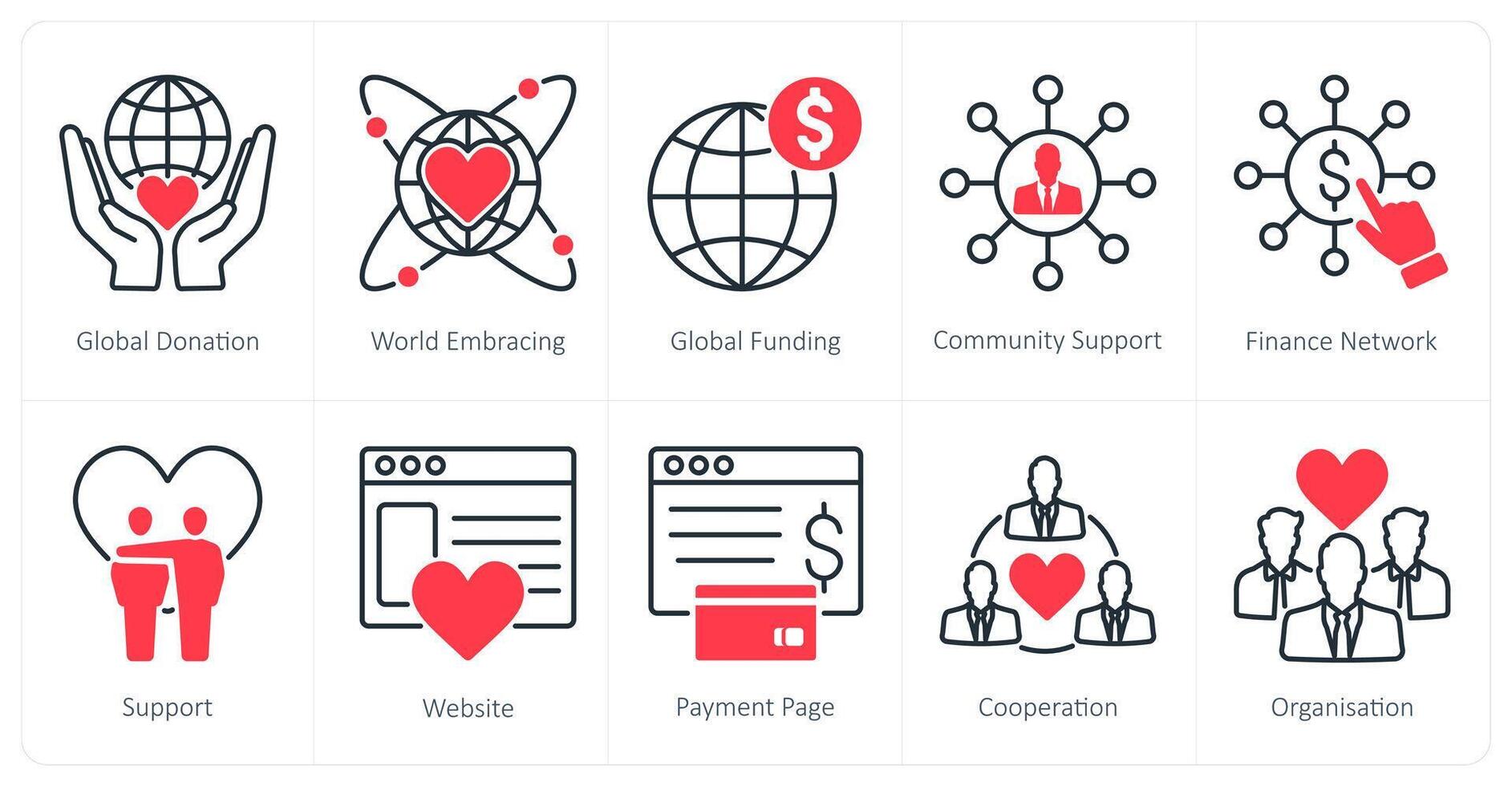 A set of 10 Charity and Donation icons as global donation, world embracing, global funding vector