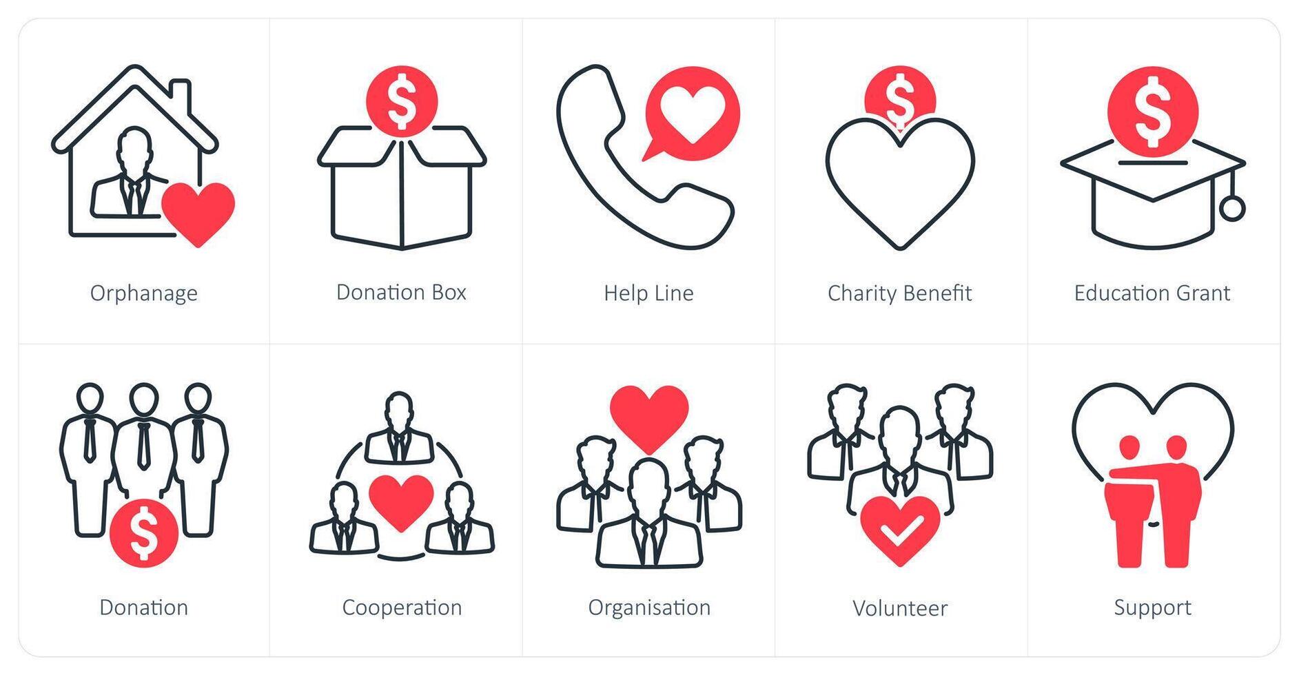 A set of 10 Charity and Donation icons as orphanage, donation box, help line vector