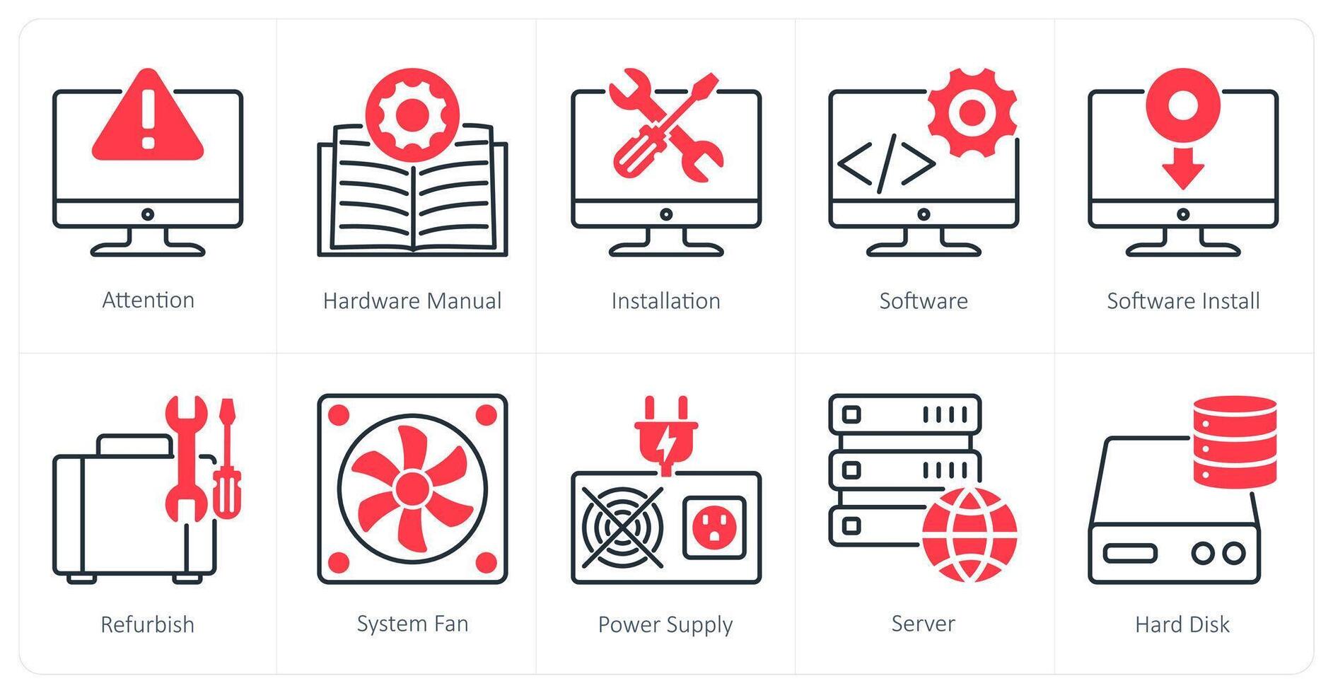 A set of 10 Computer Parts icons as attention, hardware manual, installation vector