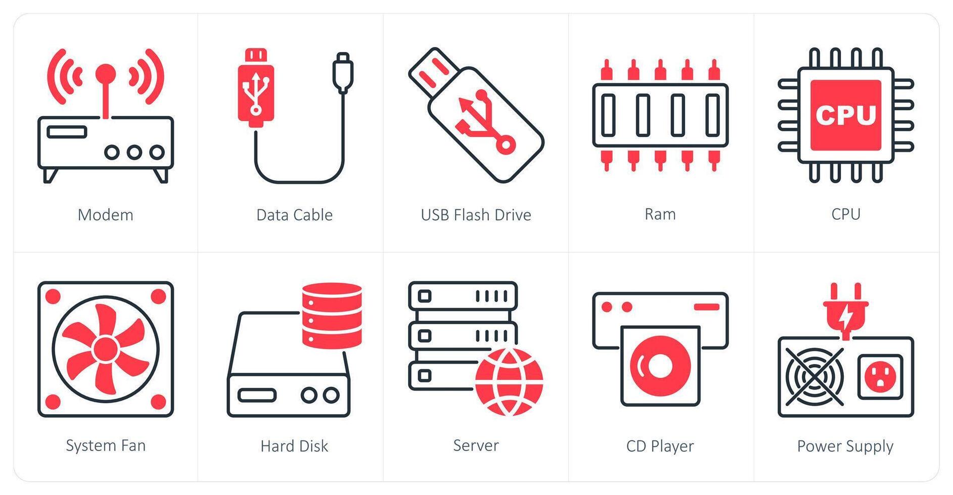 A set of 10 Computer Parts icons as modem, data cable, usb flash drive vector
