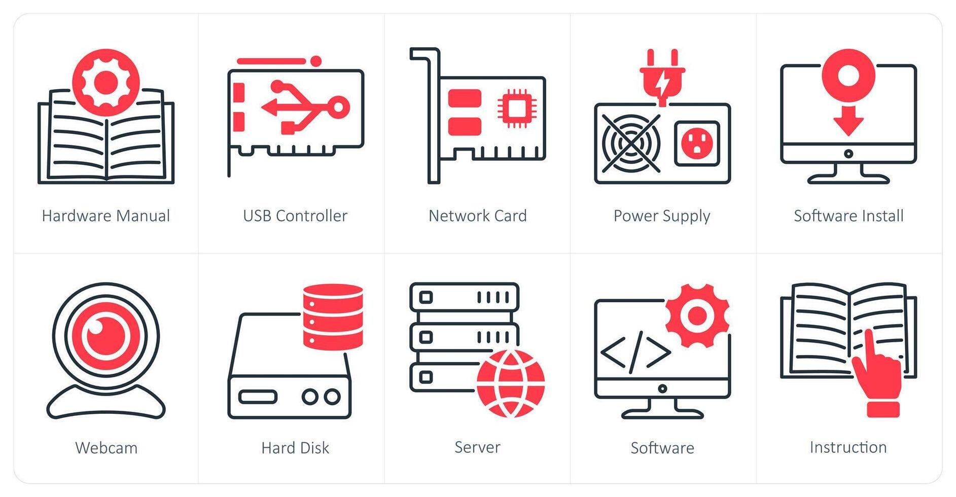 A set of 10 Computer Parts icons as hardware manual, usb controller, network card vector