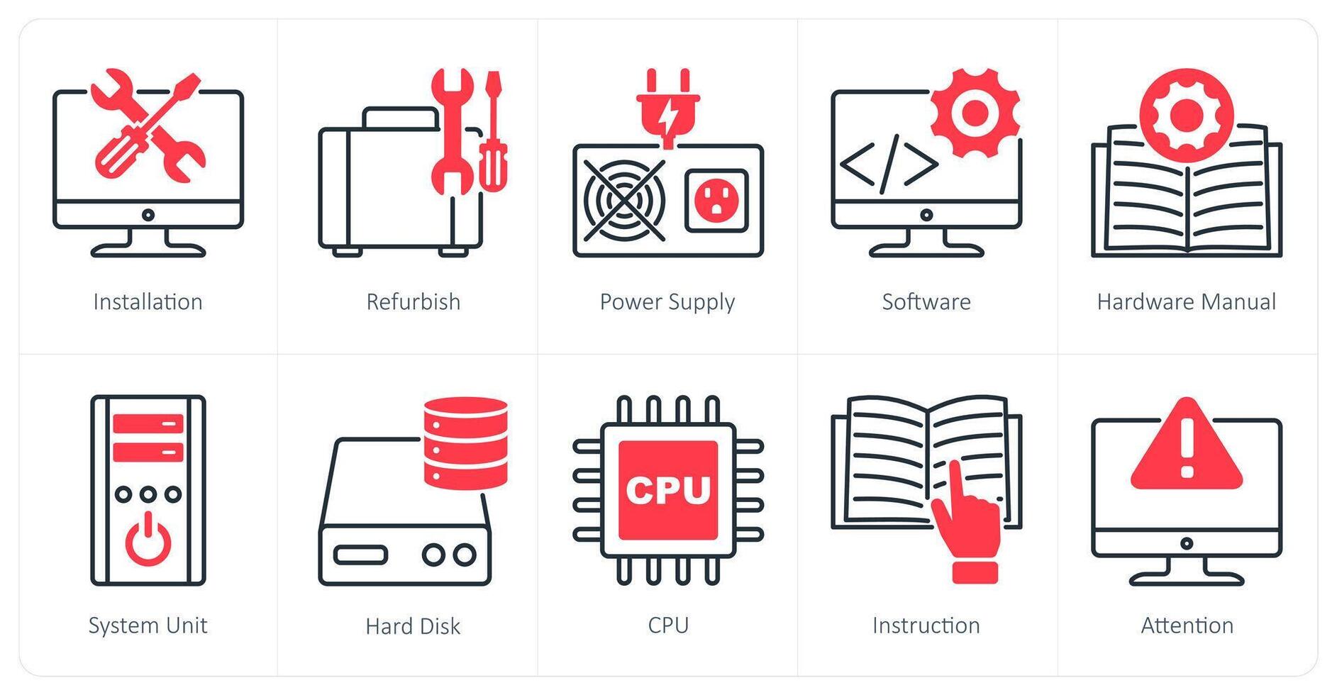 A set of 10 Computer Parts icons as installation, refurnish, power supply vector