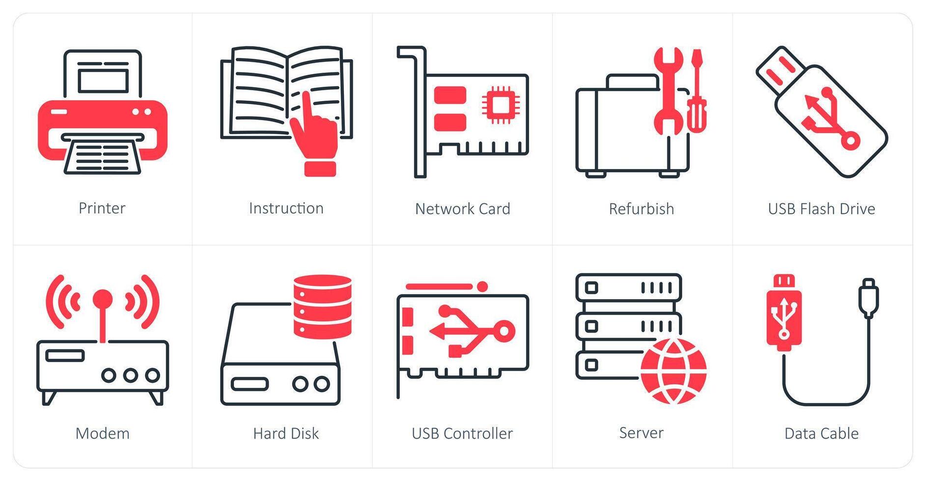 un conjunto de 10 computadora partes íconos como impresora, instrucción, red tarjeta vector