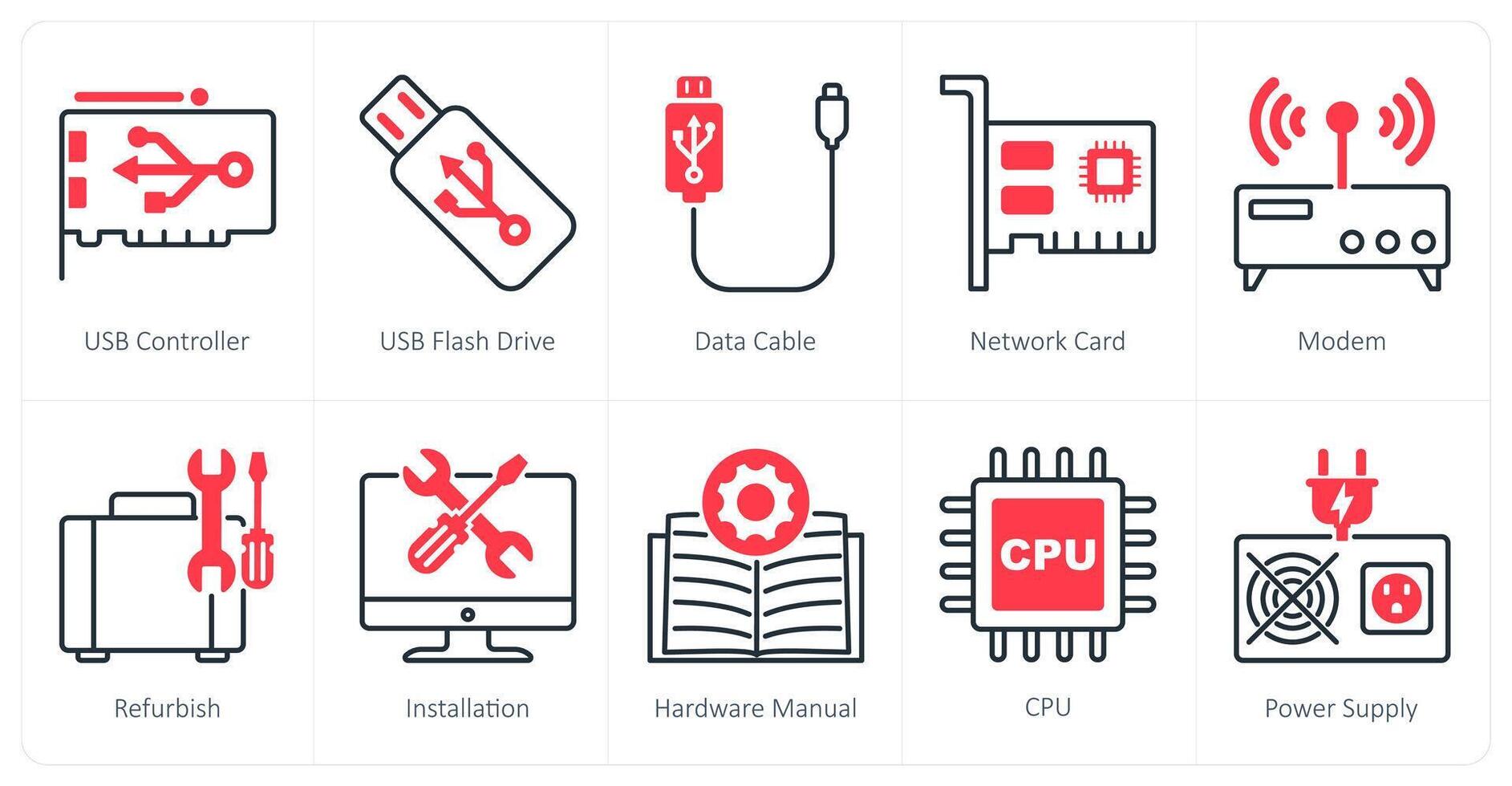 A set of 10 Computer Parts icons as usb controller, usb flash drive, data cable vector