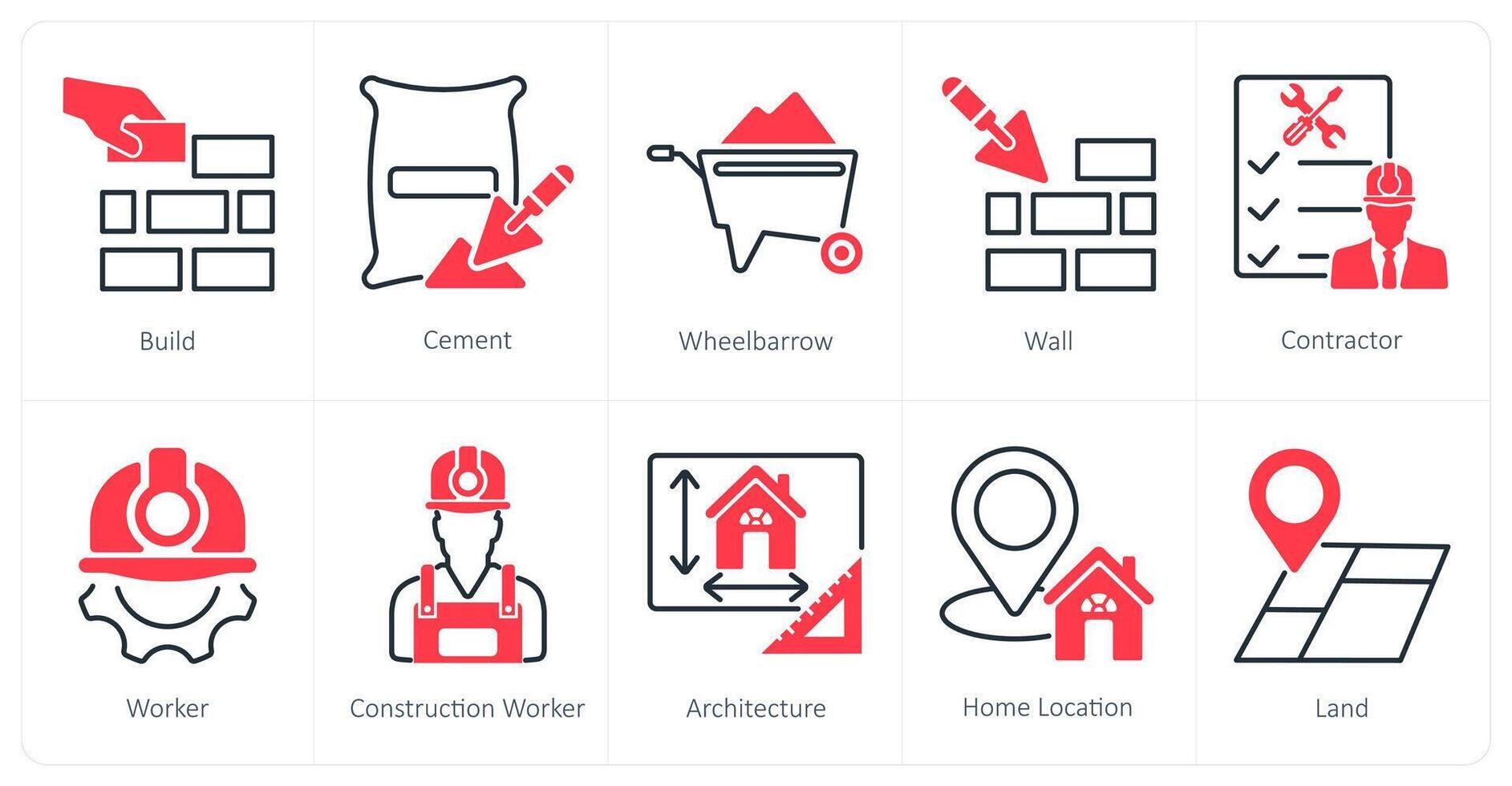 A set of 10 Construction icons as build, cement, wheel barrow vector