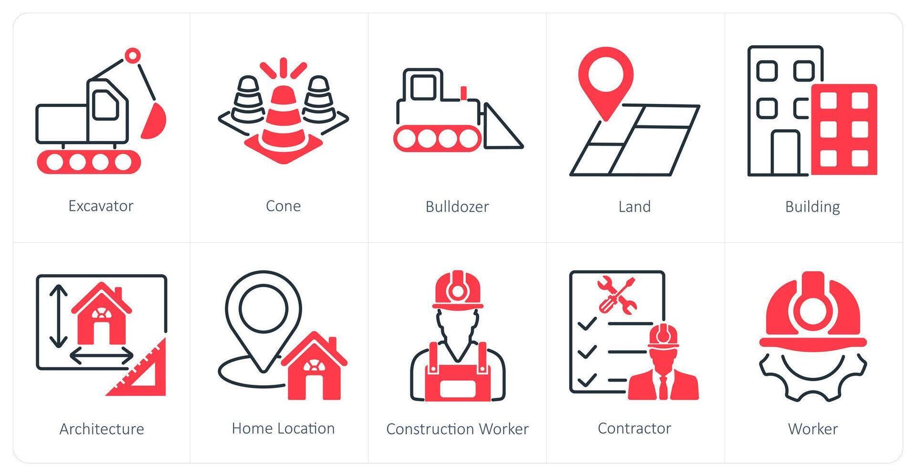 A set of 10 Construction icons as excavator, cone, bulldozer vector
