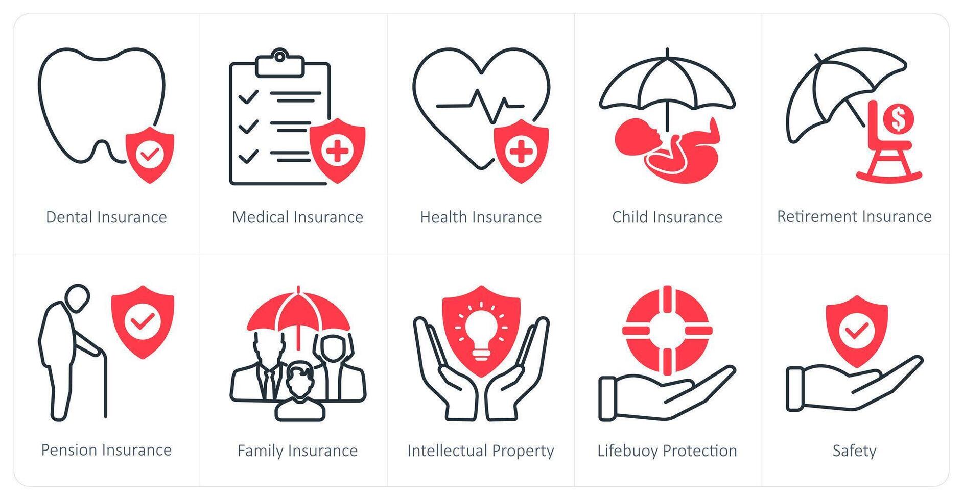 A set of 10 Insurance icons as risk evaluation, legal insurance, employee insurance vector
