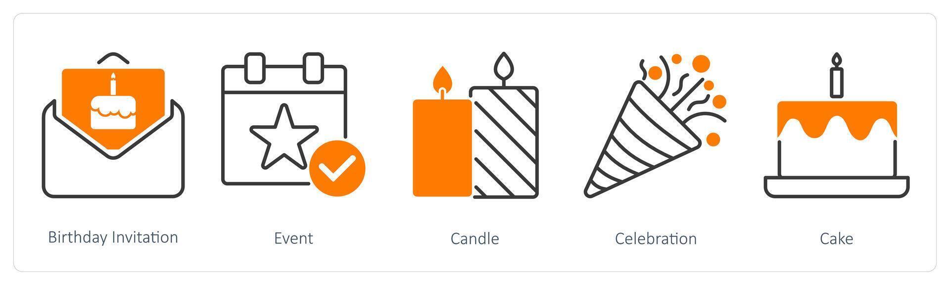 A set of 5 Party and Celebration icons as birthday invitation, event, candle vector