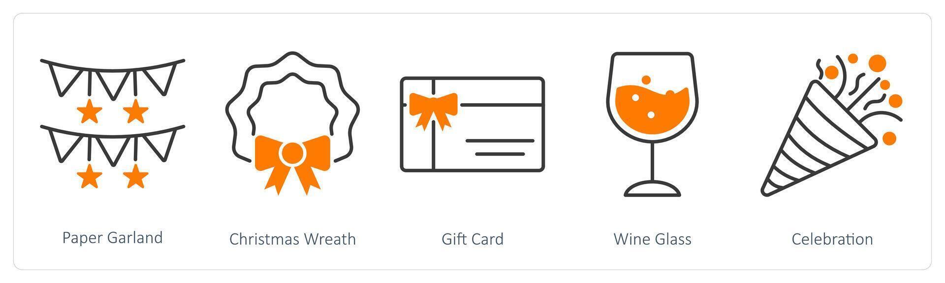 A set of 5 Party and Celebration icons as paper garland, christmas wreath, gift card vector