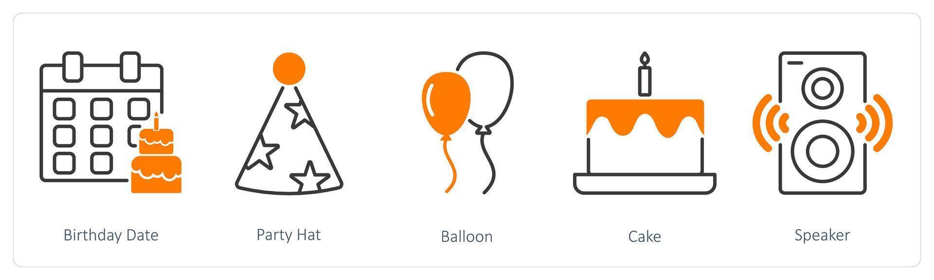 A set of 5 Party and Celebration icons as birthday date, party hat, balloon vector
