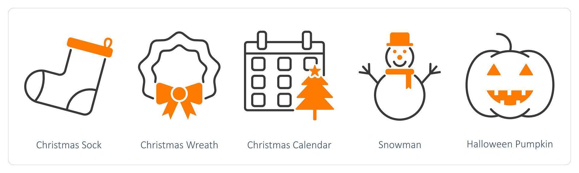 A set of 5 Party and Celebration icons as christmas sock, christmas wreath, christmas calendar vector