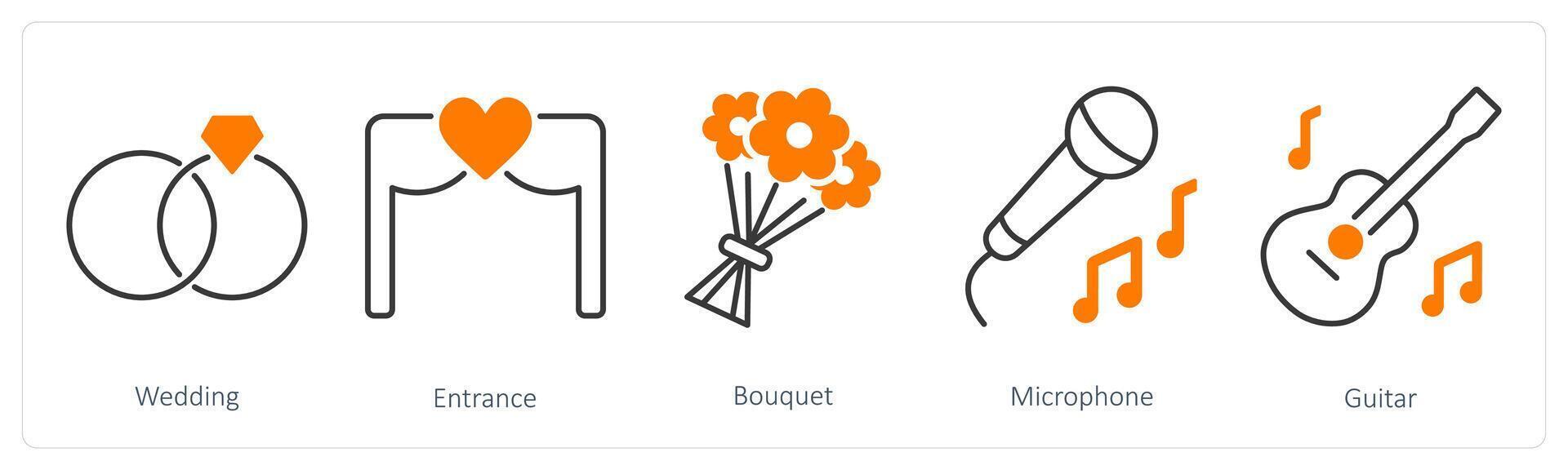A set of 5 Party and Celebration icons as wedding, entrance, bouquet vector