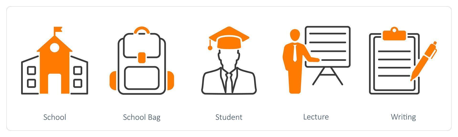 A set of 5 School and Education icons as school, school bag, student vector