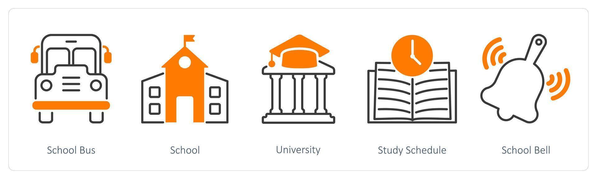A set of 5 School and Education icons as school bus, school, university vector