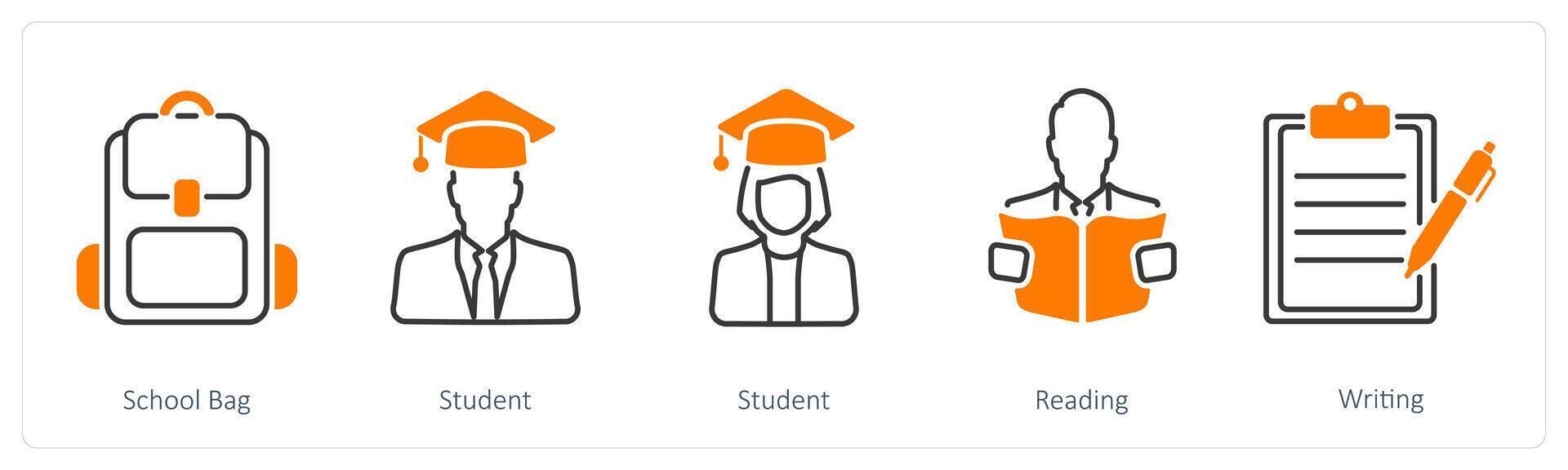 A set of 5 School and Education icons as school bag, student, reading vector