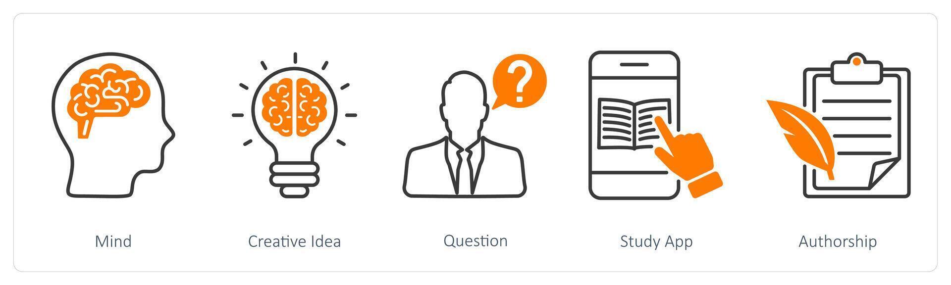 A set of 5 School and Education icons as mind, creative idea, question vector
