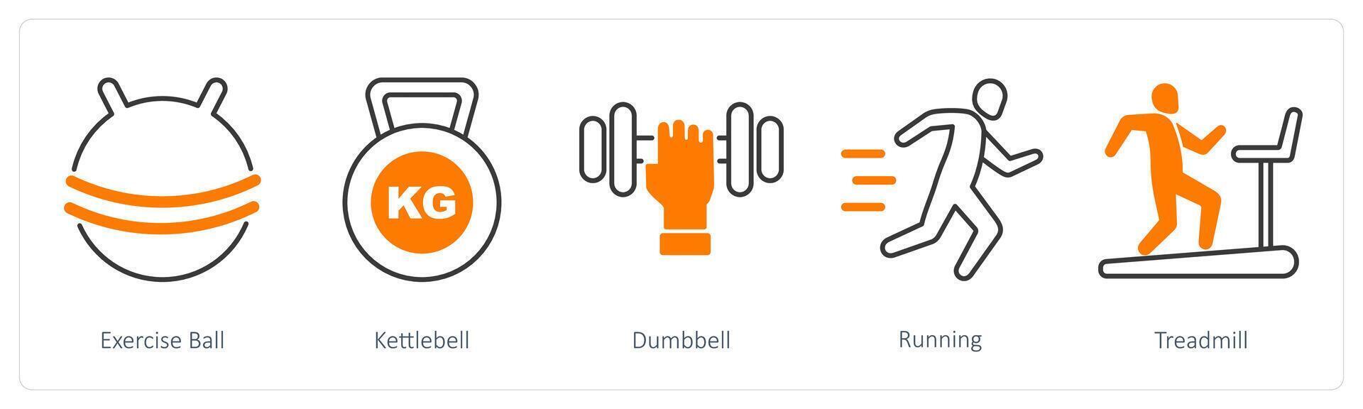 A set of 5 Sports and Fitness icons as exercise ball, kettlebell, dumbell vector