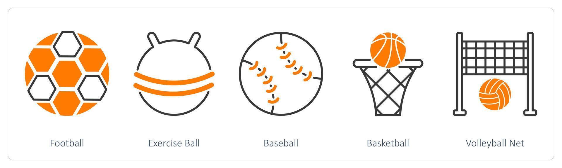 A set of 5 Sports and Fitness icons as football, exercise ball, baseball vector