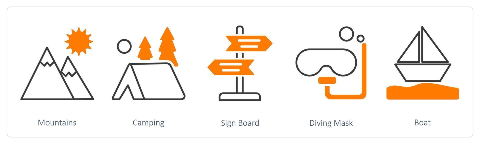 A set of 5 Summer and Travel icons as mountains, camping, sign board vector