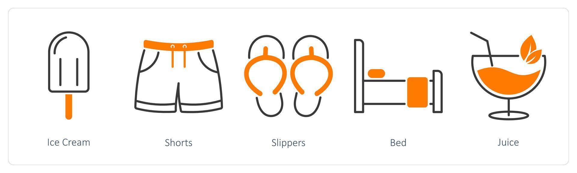 A set of 5 Summer and Travel icons as ice cream, shorts, slippers vector