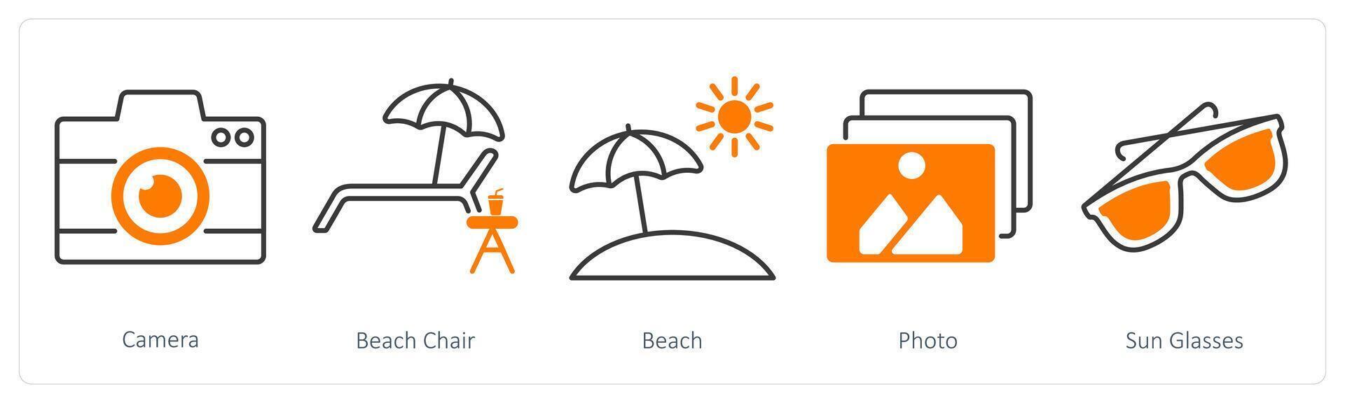 A set of 5 Summer and Travel icons as camera, beach chair, beach vector