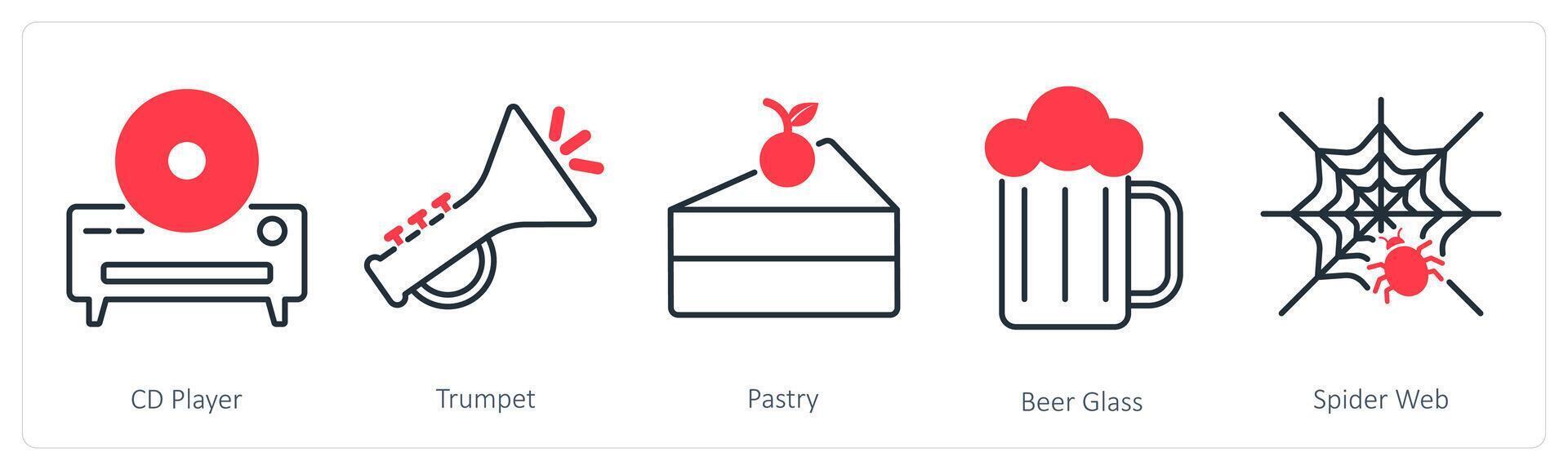 A set of 5 Party and Celebration icons as cd player, trumpet, pastry vector