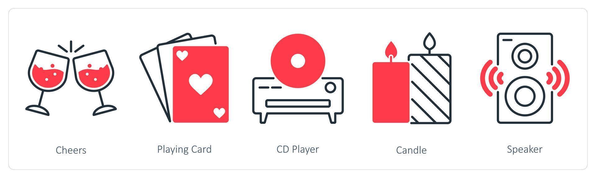 A set of 5 Party and Celebration icons as cheers, playing card, cd player vector