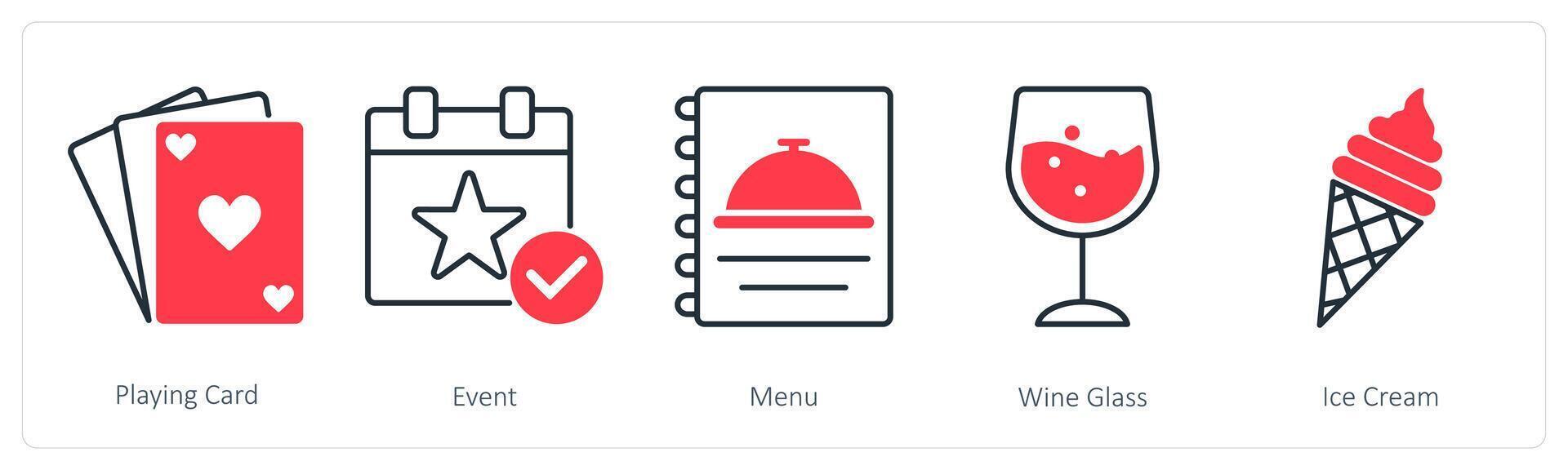 A set of 5 Party and Celebration icons as playing card, event, menu vector