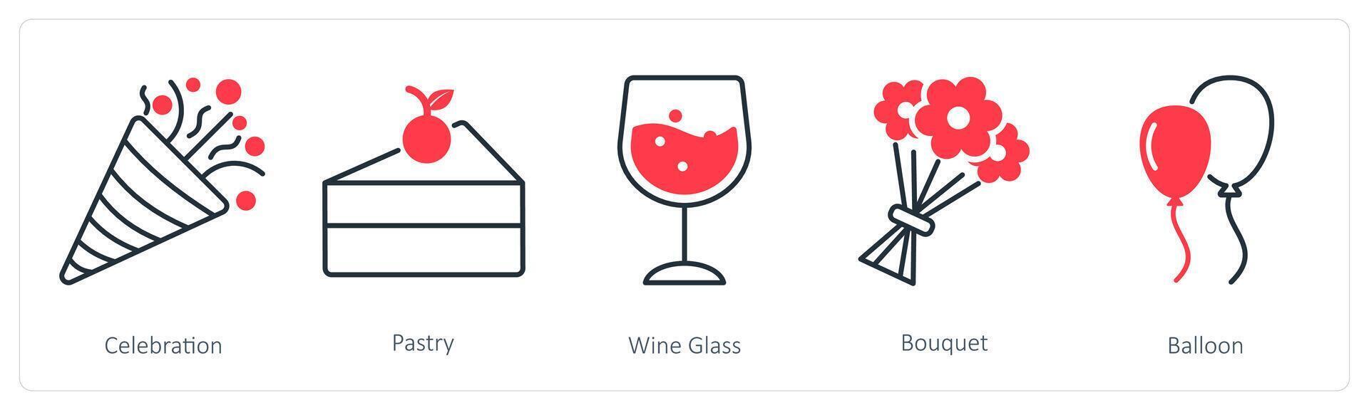 A set of 5 Party and Celebration icons as celebration, pastry, wine glass vector