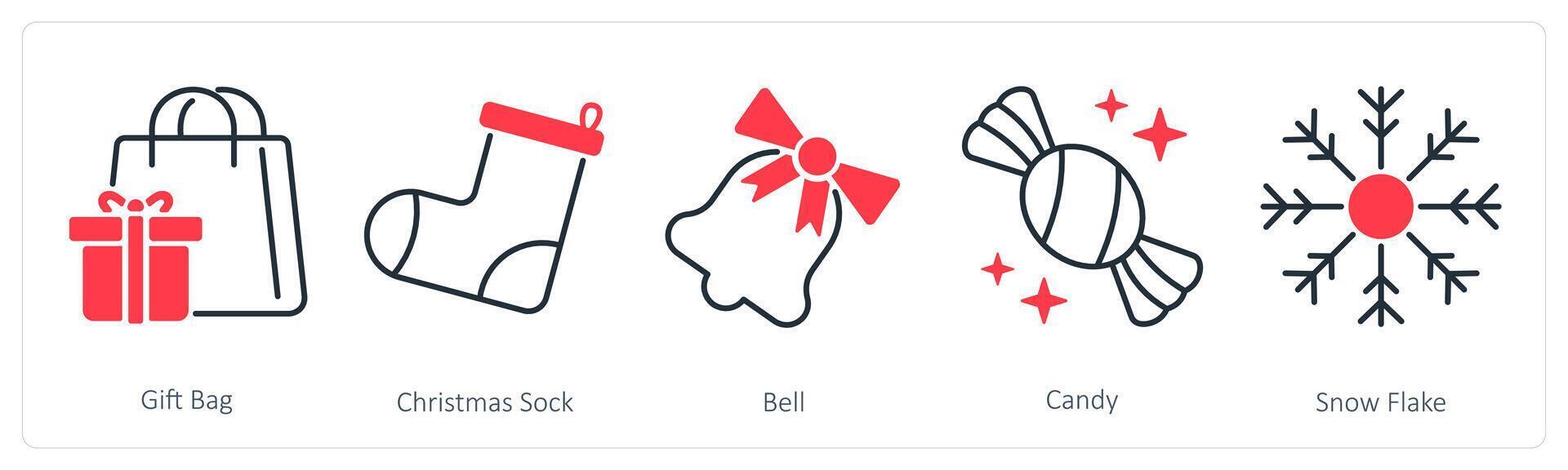 A set of 5 Party and Celebration icons as gift bag, christmas sock, bell vector