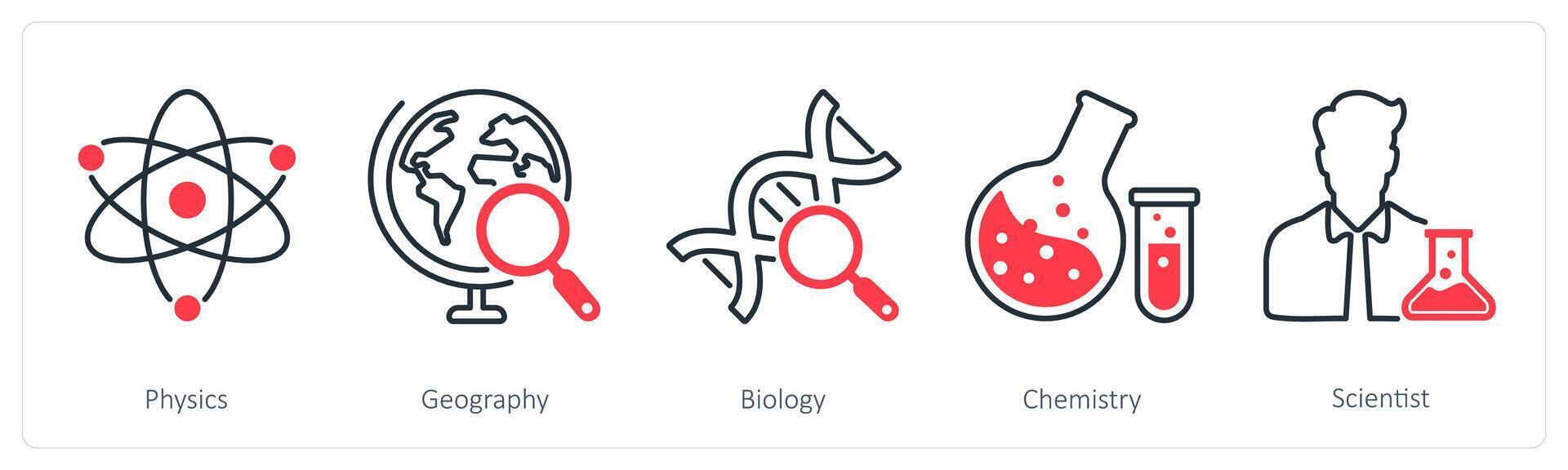 A set of 5 School and Education icons as physics, geography, biology vector