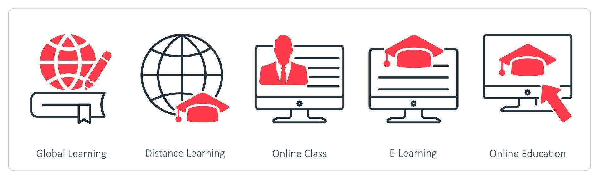 A set of 5 School and Education icons as global learning, distance learning, online class vector
