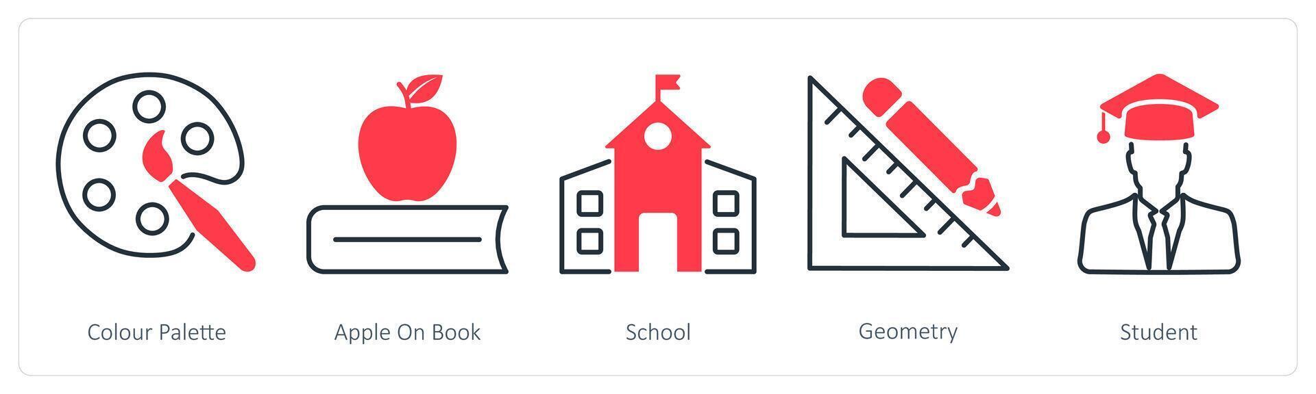 A set of 5 School and Education icons as color palette, apple on book, school vector